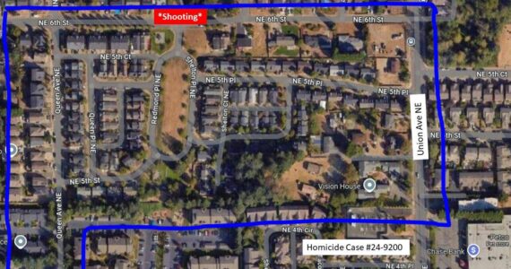 The Renton Police Department posted an updated photograph on Sept. 17 showing the surrounding area of the shooting, requesting public assistance in obtaining video footage from the area on Sept. 2. (Courtesy of the Renton Police Department.)