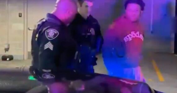 The arrest of Miles Oliver Hudson, the “Belltown Hellcat.” (Screenshot from video)