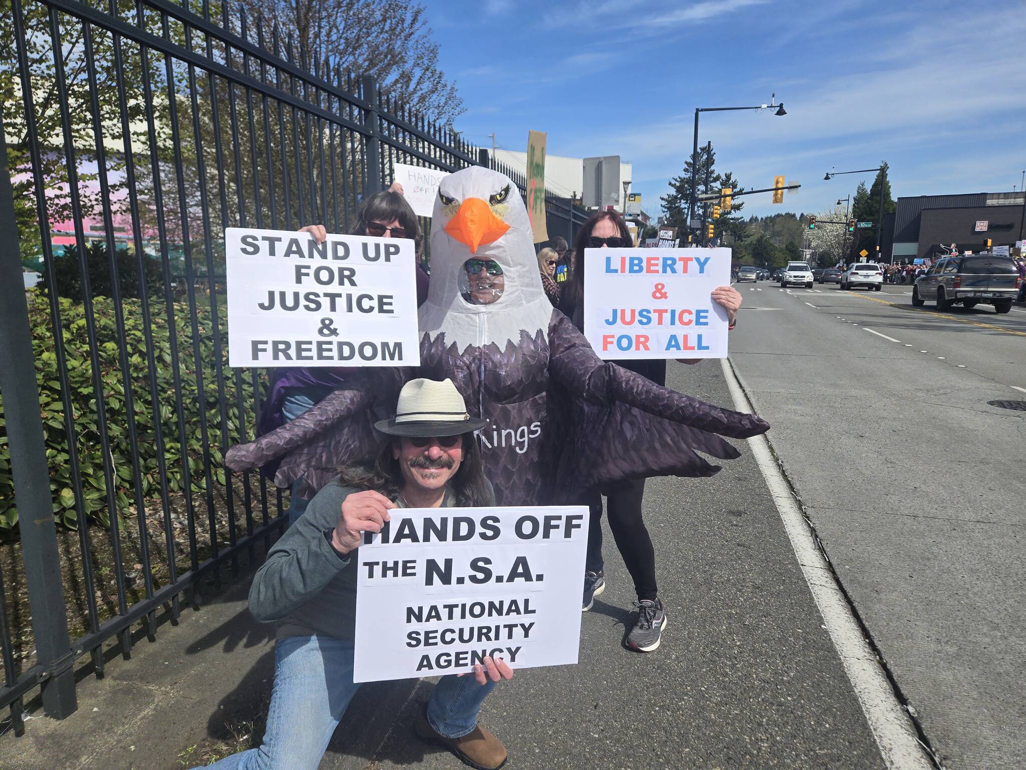 A person dressed as a bald eagle with the words “#NoKings” written on the costume joined the protest. Photo courtesy of Alice Lockridge.