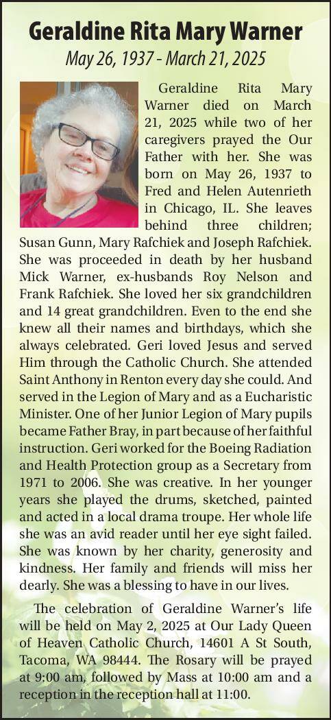 Geraldine Rita Mary Warner | Obituary