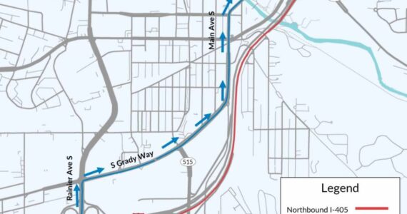A signed detour route will divert northbound I-405 traffic through Renton. Photo provided by the city of Renton